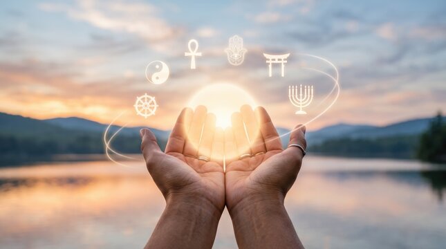 Hands holding glowing light orb surrounded by diverse religious symbols including yin yang, ankh, hamsa, torii gate, menorah and dharma wheel, spirituality and interfaith harmony
