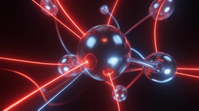 Glowing atomic structure with spheres and energy lines, symbolizing resilience, brilliance, authenticity, mastery, precision, advancement, innovation, scientific identity.