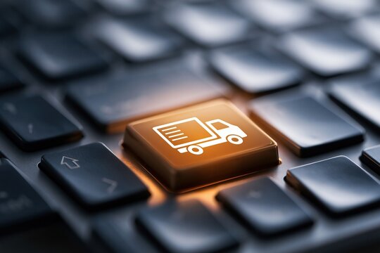 Close-up of a glowing orange delivery truck icon on a black computer keyboard key representing online logistics and shipping services