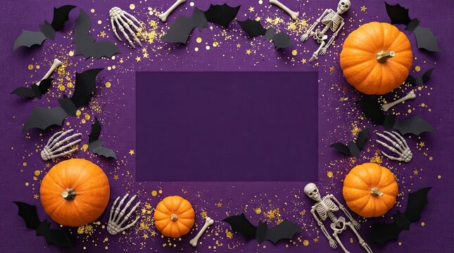 Halloween frame with pumpkins skeletons and bats on a purple background