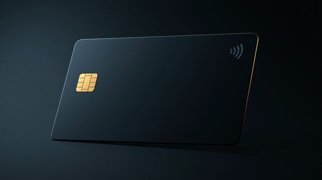 Sleek black credit card with gold chip and contactless symbol resting on dark gradient surface