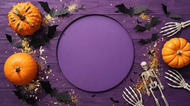 Halloween flat lay with pumpkins skeletons bats and a blank circular frame