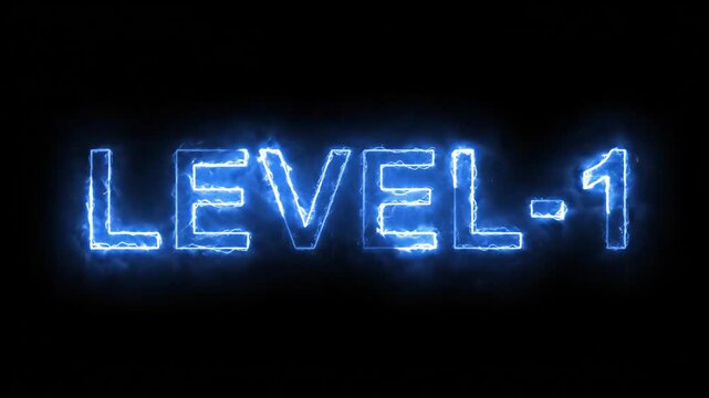 Neon blue electric level one text on a dark black background for gaming and video game interfaces.