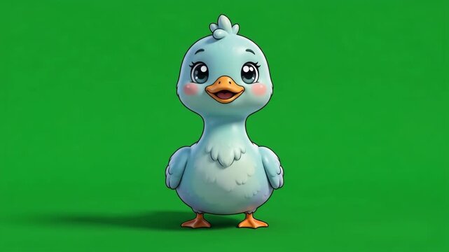 Adorable Blue Baby Bird Character Standing on Green Screen Background, Cute Cartoon Animal Animation for Children's Content and Marketing
