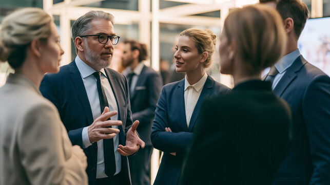 Entrepreneurs engage in animated discussions at a trade show. Business attire indicates pro settings. 