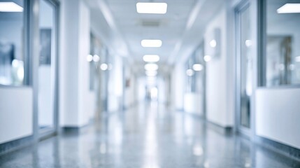 Fototapeta premium Blurred modern office hallway with bright overhead lights and glass doors reflecting a clean professional atmosphere.