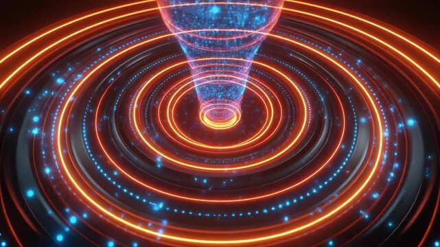 Concentric glowing rings forming digital vortex, symbolizing resilience, brilliance, authenticity, mastery, precision, advancement, innovation, energy, futuristic identity.