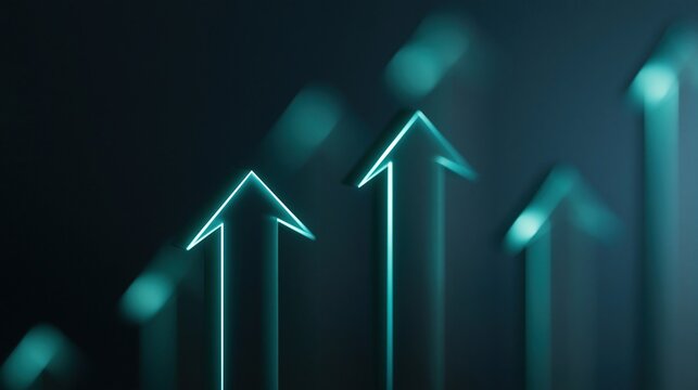 Glowing teal arrows pointing upwards on a dark blue background representing growth and progress