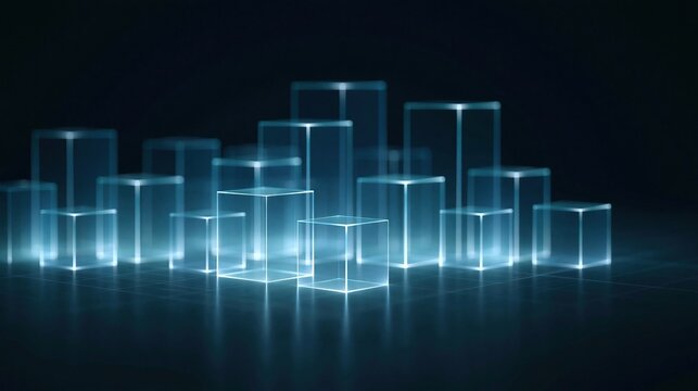 Glowing translucent blue cubes arranged in a row on a dark reflective surface creating an abstract digital technology concept