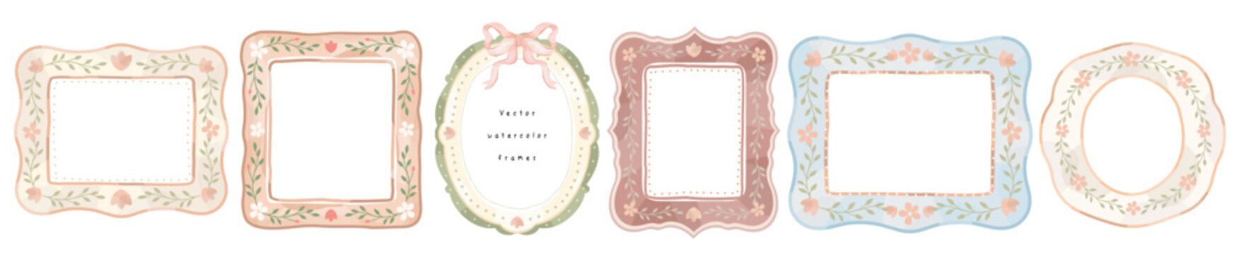 Watercolor floral frame collection with decorative border, delicate flowers, leaves and bow accents for invitation, greeting card, wedding stationery and nursery design