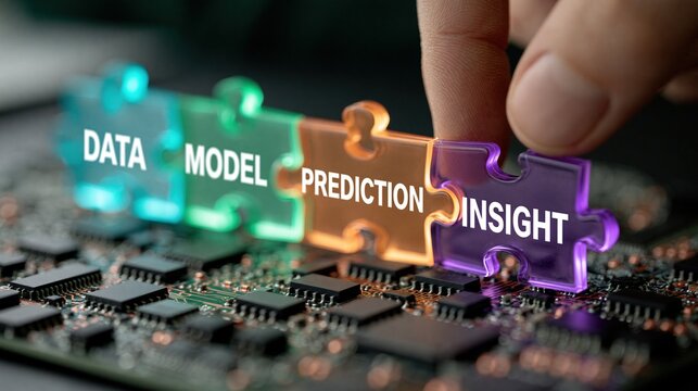 Human hand placing a purple puzzle piece labeled insight onto a circuit board alongside data model and prediction pieces.
