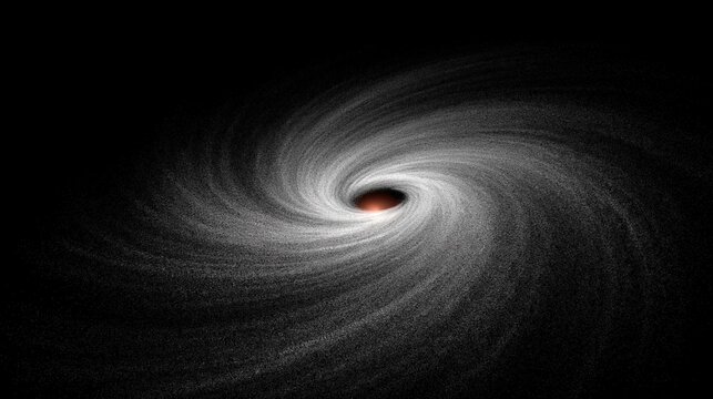 Abstract visualization of a swirling cosmic vortex with a glowing orange center against deep black space representing dark matter or black hole