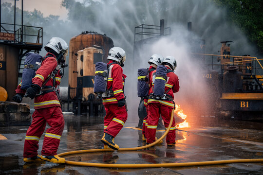 Firefighter Team Approaching Industrial Flames with Fire Hoses while Water Sprays across an Outdoor Emergency Response Area