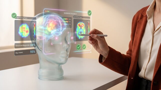 neuromarketing analytics and consumer behavior research concept, brain scan visualization and eye-tracking analysis, emotional response measurement for advertising strategy

