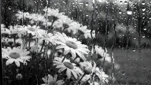 Monochrome view of daisies through a window covered in raindrops during a heavy storm.