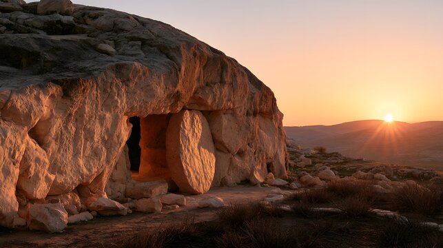 Ancient tomb of jesus with open entrance at sunrise, stone sepulcher, resurrection of christ