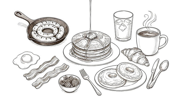 Vintage engraved breakfast food set with pancakes, bacon, sausage, coffee, pastry and breakfast dishes isolated for restaurant menu, cafe branding and packaging design.