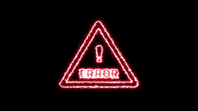 Glowing red error warning sign with exclamation mark on black background