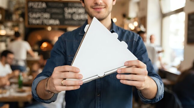Smiling man holds triangular pizza slice box in restaurant setting, ideal for food delivery branding, menu design, and takeout packaging promotions.
