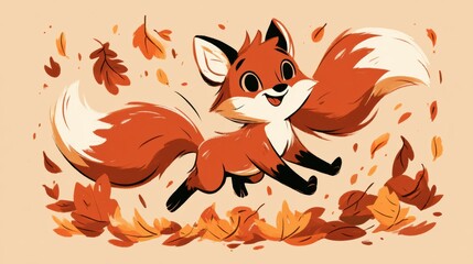 Naklejka premium A playful cartoon fox moves joyfully in a pile of leaves. Its bright colors match the autumn setting.