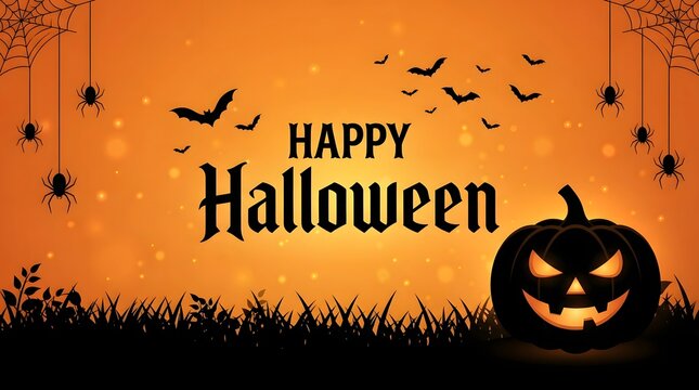 Happy Halloween banner background with glowing pumpkin jack o lantern, bats, spiders, and spider webs on orange landscape