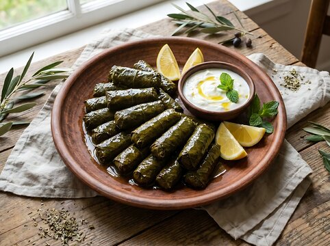 Stuffed grape leaves dolma served with lemon wedges and creamy yogurt sauce on a rustic wooden table. Hebrew cuisine recipes