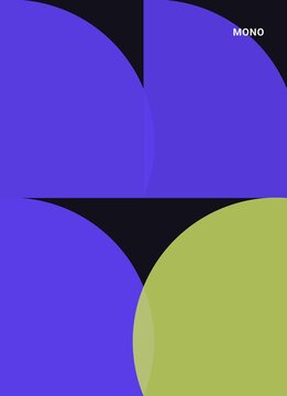 Minimalist geometric abstract background, purple and lime green semi-circle shapes, modern graphic design poster with mono text