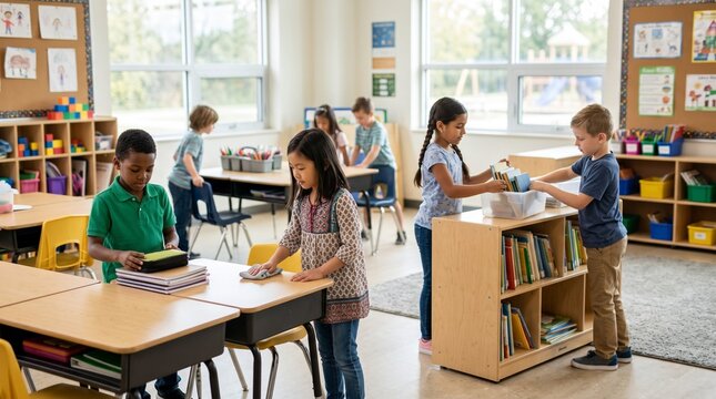 Diverse elementary school children cleaning and organizing classroom desks and bookshelves