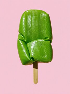 Green Garden Hose Ice Pop with Broad Compressed Loops on Bubblegum Pink Background