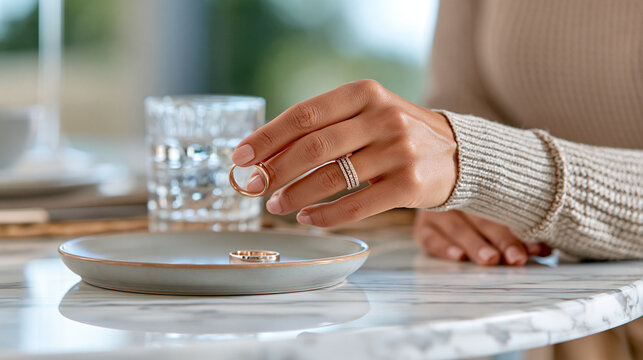 Close-up of hand taking off wedding ring at marble table indoors, verge of divorce concept, defocused background, with copy space