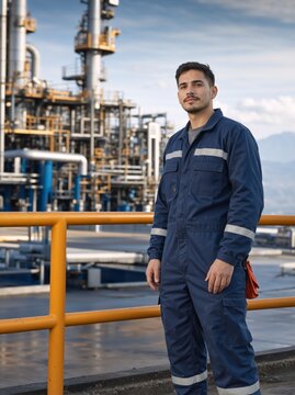 Vertical portrait of a young male industrial worker in blue jumpsuit. Confident engineer standing at oil refinery plant. Male technician in uniform at chemical facility