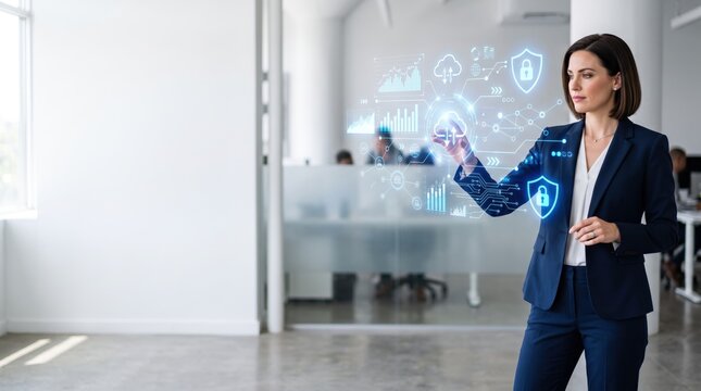 Businesswoman interacting with cybersecurity hologram interface in modern bright office space