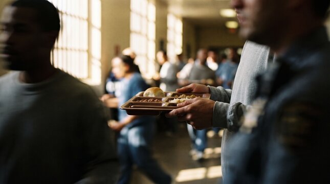Close up of prisoner hands holding a meal tray in a crowded prison corridor with guards and inmates