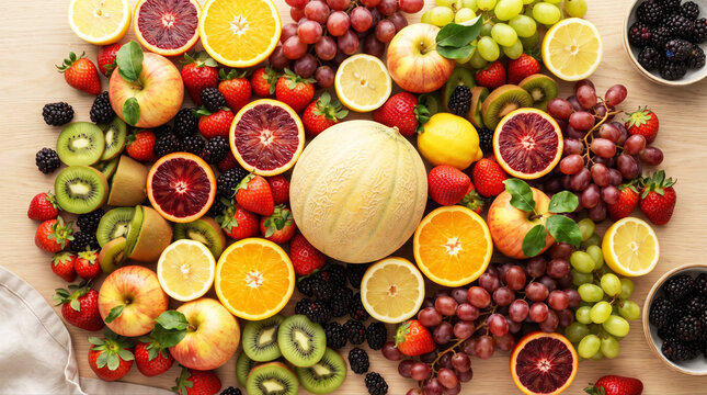 Top view assortment of fresh colorful organic fruits mix background flat lay