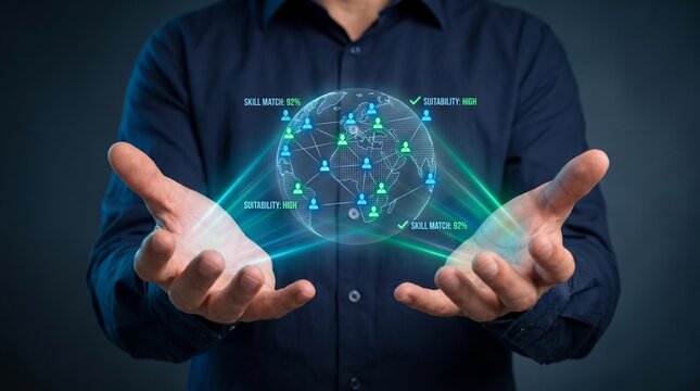 global talent matching and workforce recruitment concept, hands holding a holographic network globe, skill assessment and candidate suitability analytics

