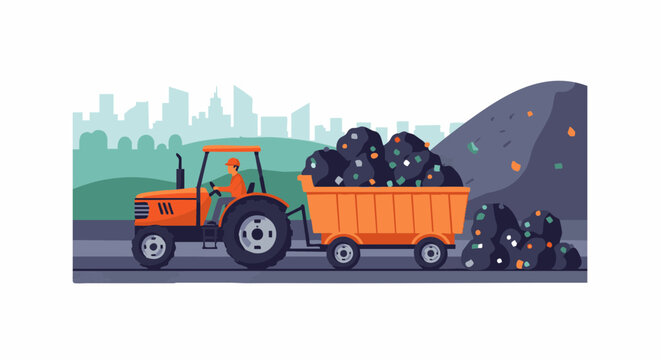 Orange tractor transporting waste bags to a landfill site
