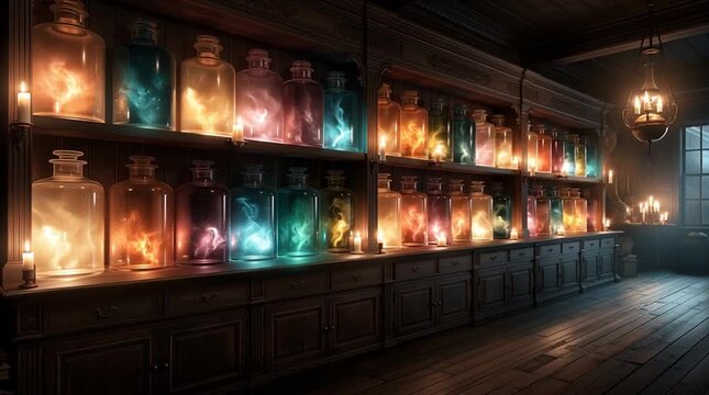 Beautiful antique apothecary filled with elegant glass bottles containing swirling glowing emotions in vibrant colors, illuminated by warm candlelight. Highly detailed Victorian interior with surreal 