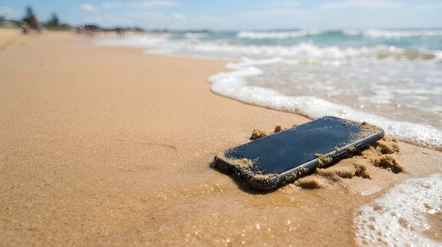 smartphone on beach sand near ocean representing digital disconnection