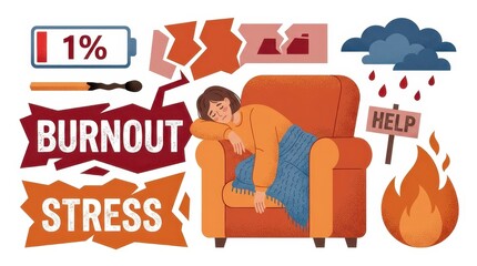 Obraz premium Emotional Burnout and Mental Stress Illustration with Exhausted Woman and Symbolic Icons for Psychological Health Awareness