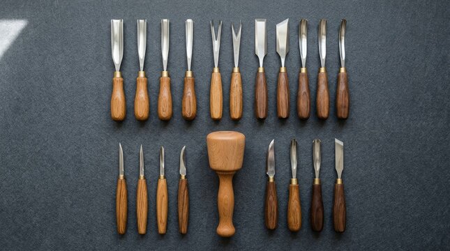 Set of professional wood carving chisels and wooden mallet on dark background.