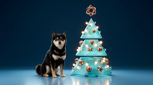 Cute black dog sitting next to a Christmas tree with a vibrant vibe