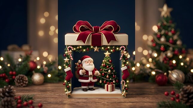 Miniature Christmas diorama inside a magical box or frame showing everyday life