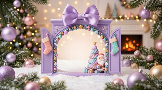 Miniature Christmas diorama inside a magical box or frame in a bright environment