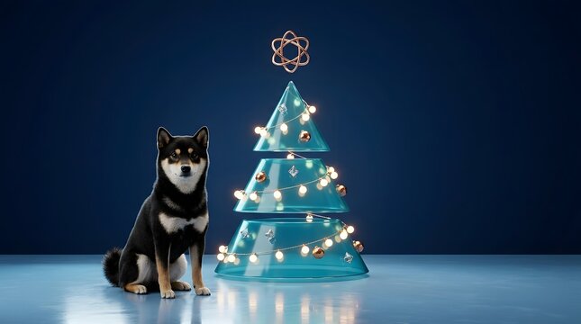 Cute black dog sitting next to a Christmas tree with a conceptual theme