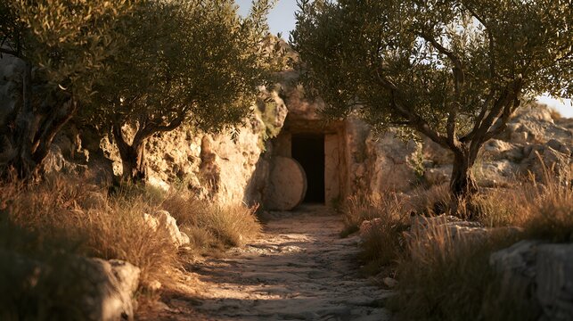 Ancient stone tomb with a rolled away circular rock door in a peaceful olive grove at sunrise, biblical resurrection scene