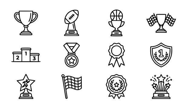 Sports Trophy Line Icons Collection &ndash; Championship Cup and Victory Outline Vector Set