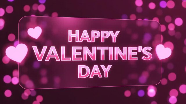 Glowing pink neon Happy Valentine's Day sign with heart shapes and bokeh background.