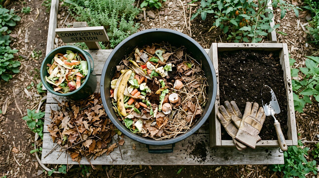 Organic composting setup with garden waste and soil in backyard