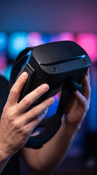 Person holding VR goggles in colorful illuminated room setup