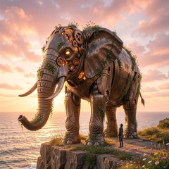 Fototapeta premium Mechanic elephant at sunset